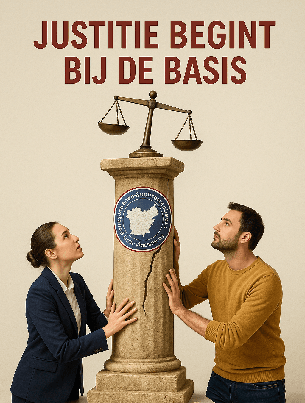 Symbolische afbeelding: twee mensen ondersteunen samen de weegschaal van justitie